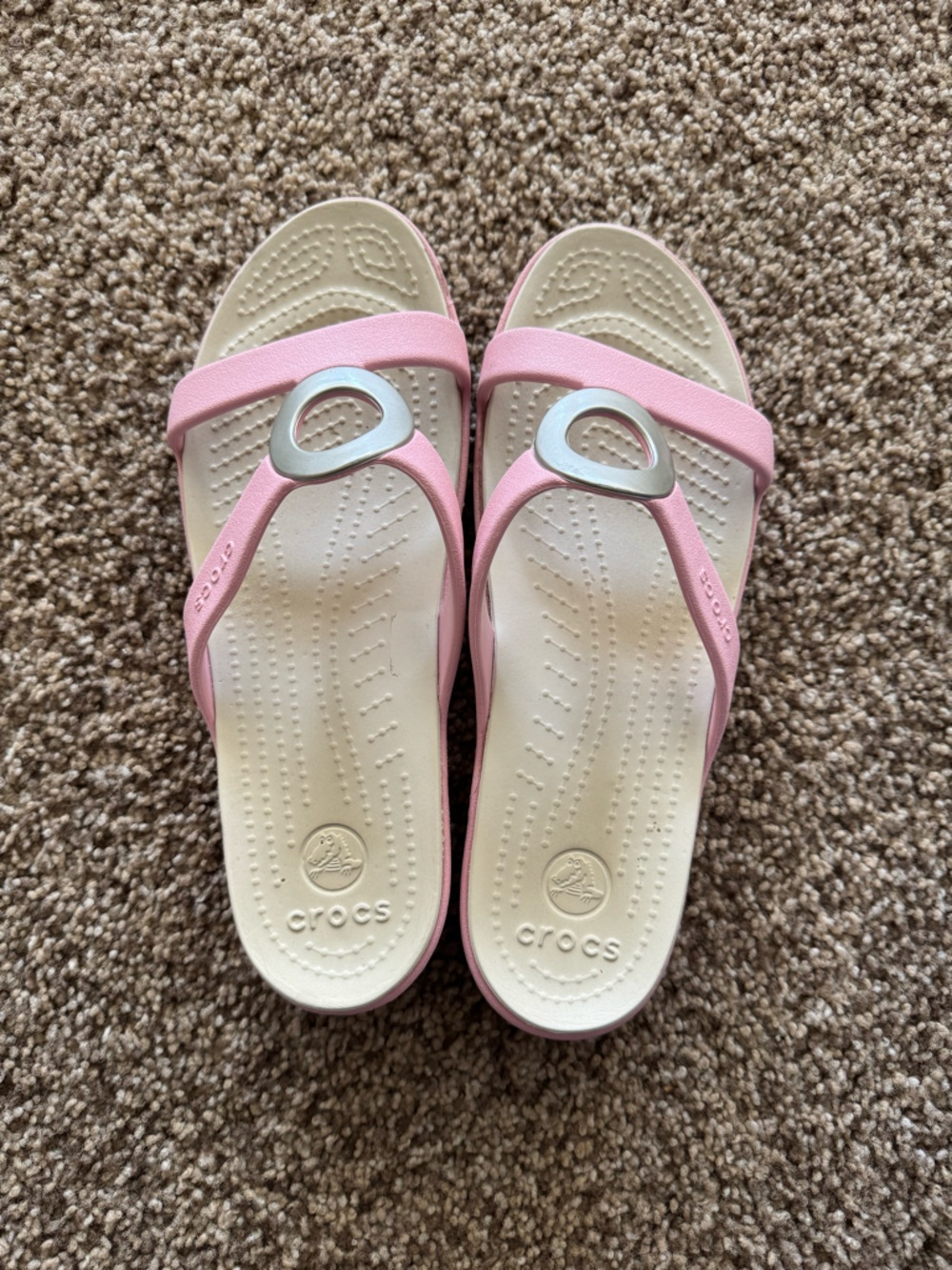 CROCS Pink Strap Sandals with Cream Footbed and Silver Accent